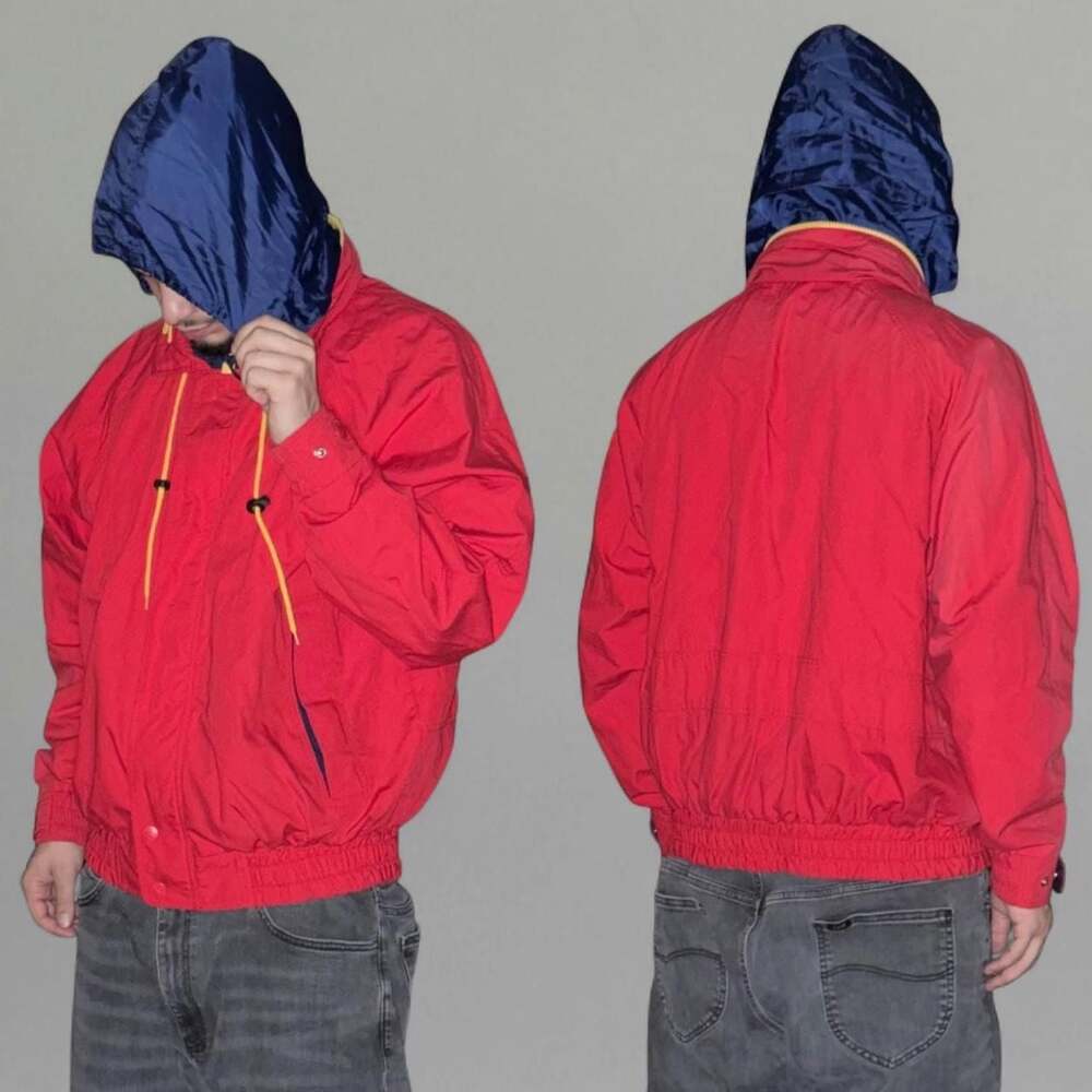 Vintage Oceanside Red Windbreaker Jacket with Hood and Striped Lining
